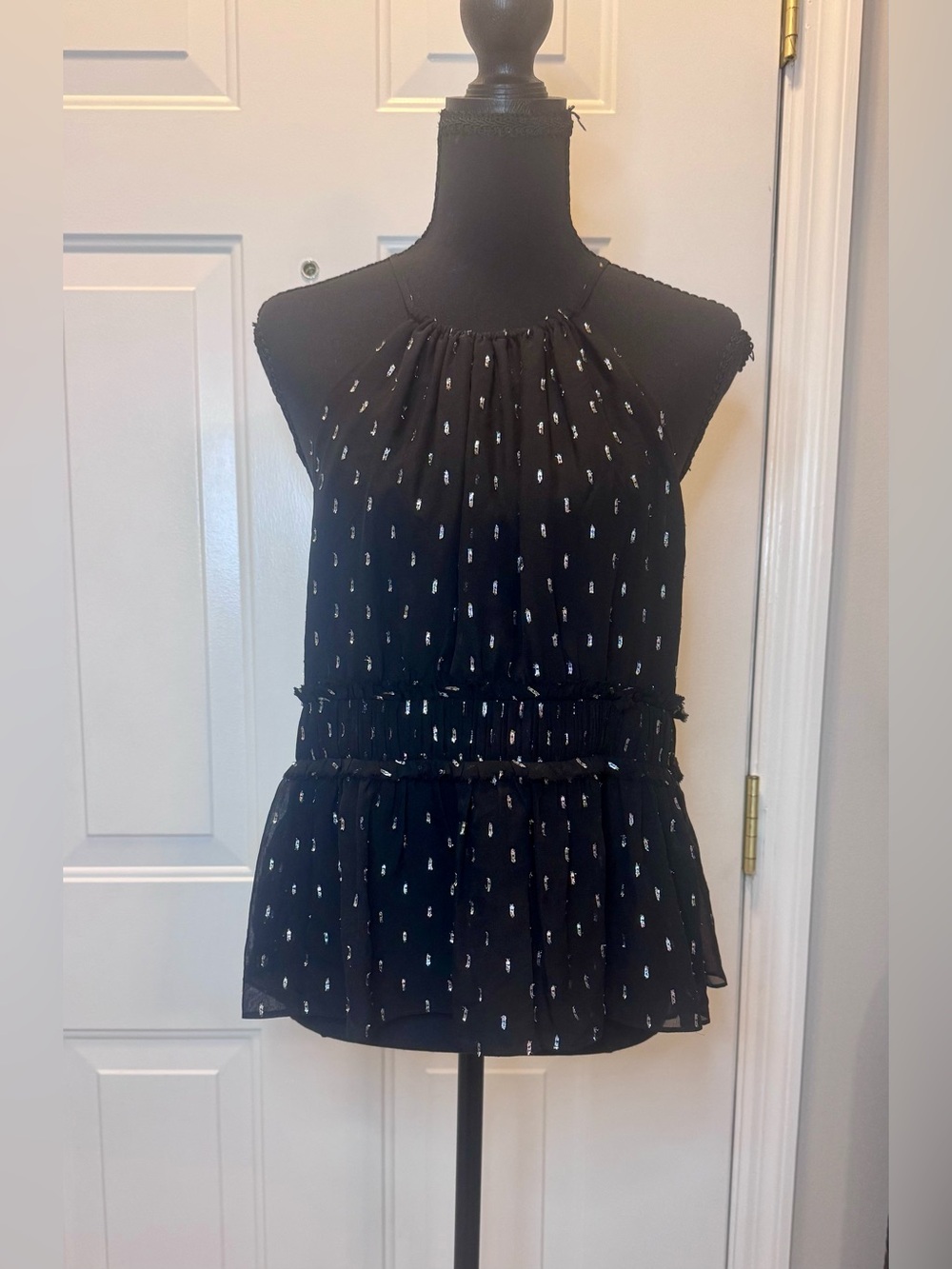 Joie Black Halter Neck Peplum Camisole with Silver Dot Accents